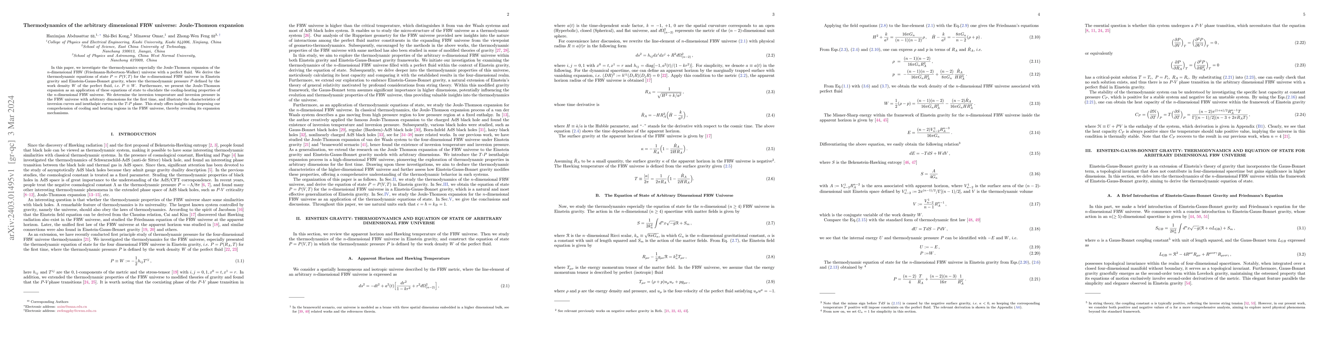 Thumbnail for Thermodynamics of the arbitrary dimensional FRW universe: Joule-Thomson
  expansion
