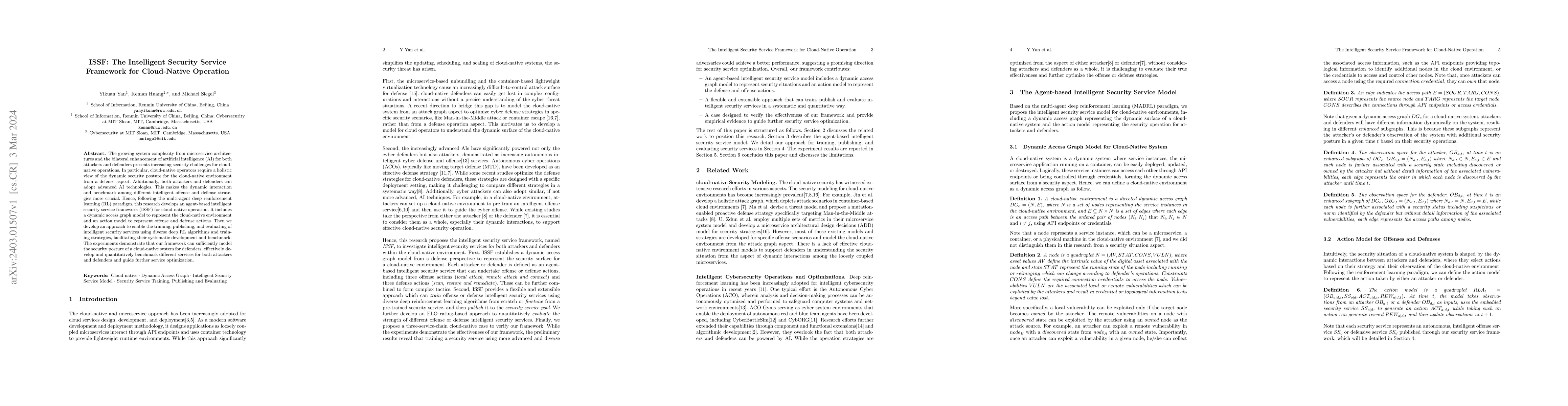 Thumbnail for ISSF: The Intelligent Security Service Framework for Cloud-Native
  Operation