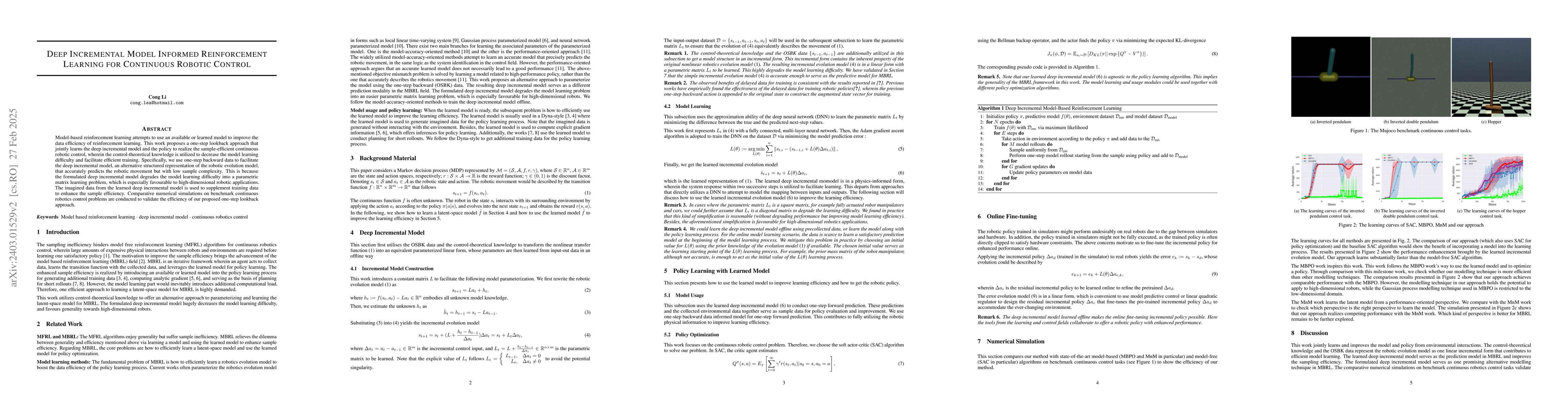 Thumbnail for Deep Incremental Model Based Reinforcement Learning: A One-Step Lookback
  Approach for Continuous Robotics Control
