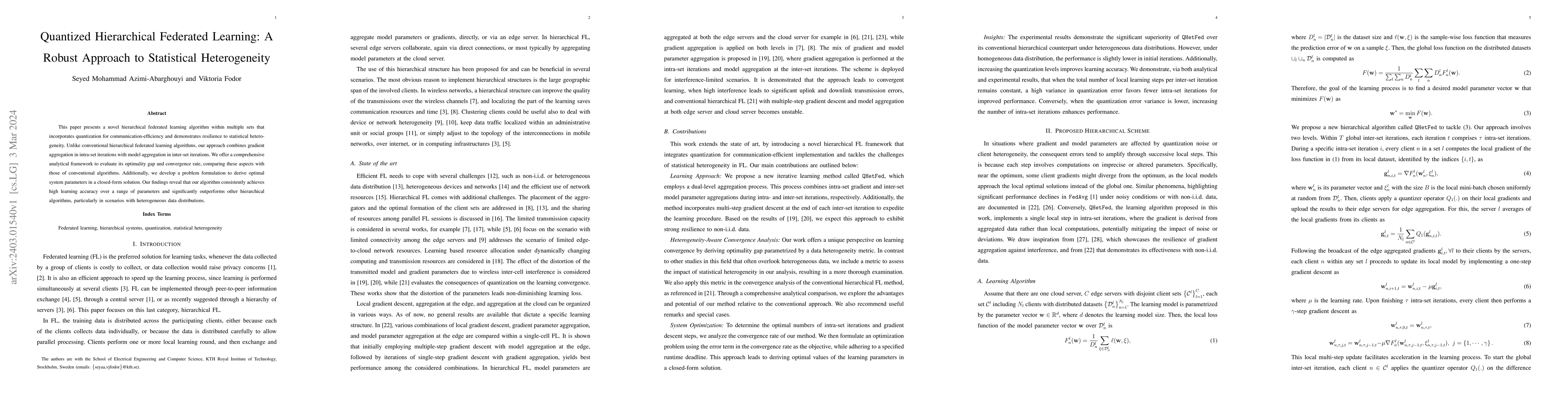 Thumbnail for Quantized Hierarchical Federated Learning: A Robust Approach to
  Statistical Heterogeneity