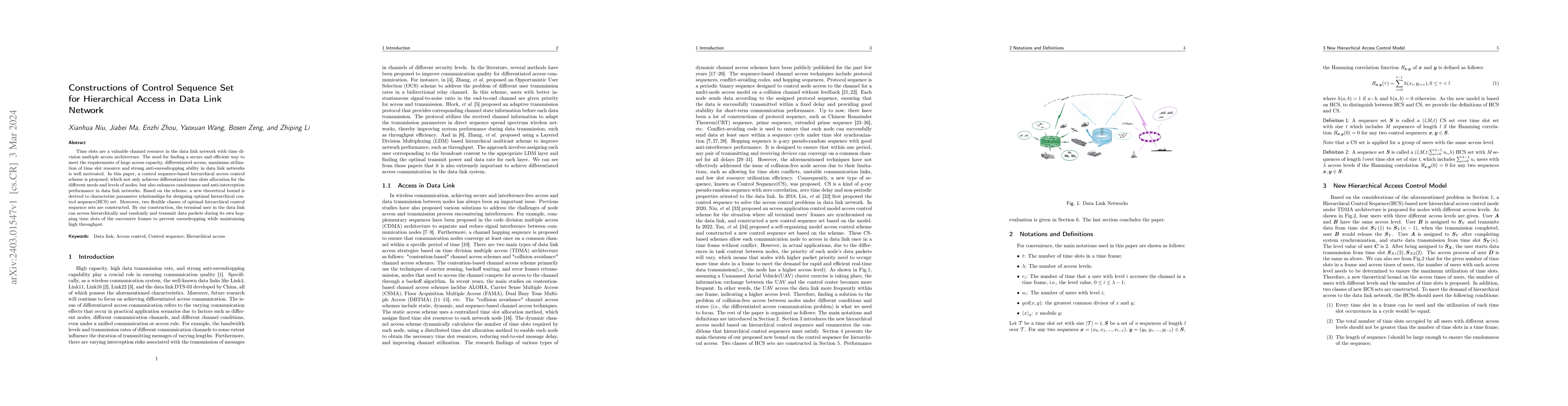 Thumbnail for Constructions of Control Sequence Set for Hierarchical Access in Data
  Link Network
