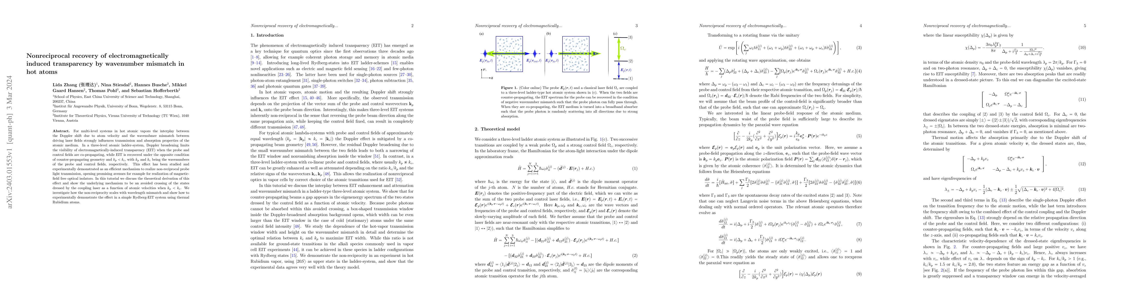 Thumbnail for Nonreciprocal recovery of electromagnetically induced transparency by
  wavenumber mismatch in hot atoms