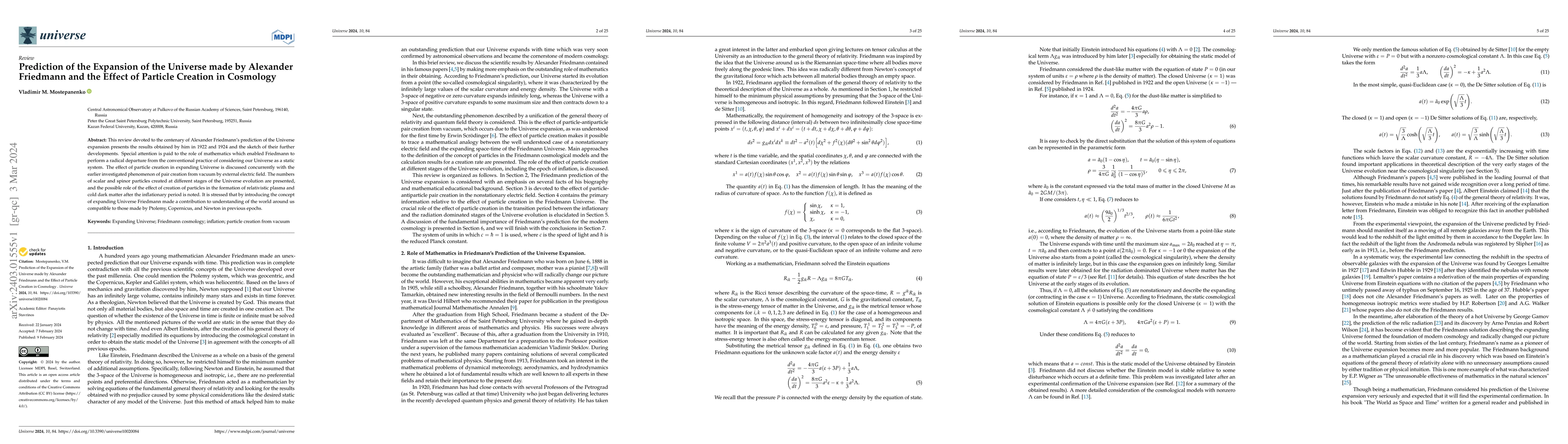 Thumbnail for Prediction of the Expansion of the Universe made by Alexander Friedmann
  and the Effect of Particle Creation in Cosmology