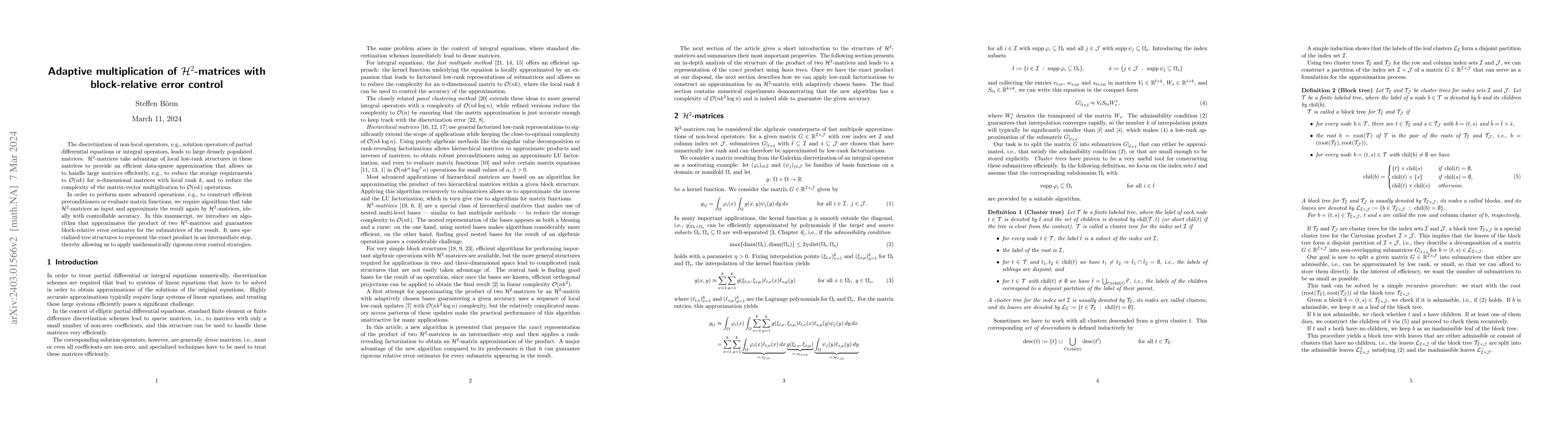 Thumbnail for Adaptive multiplication of $\mathcal{H}^2$-matrices with block-relative
  error control