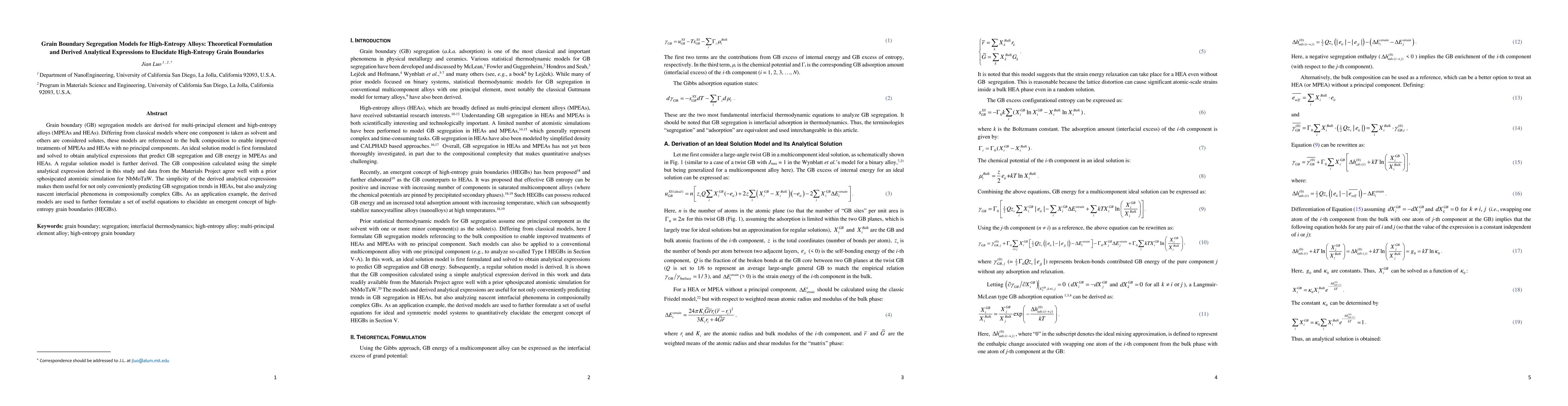 Thumbnail for Grain Boundary Segregation Models for High-Entropy Alloys: Theoretical
  Formulation and Derived Analytical Expressions to Elucidate High-Entropy
  Grain Boundaries