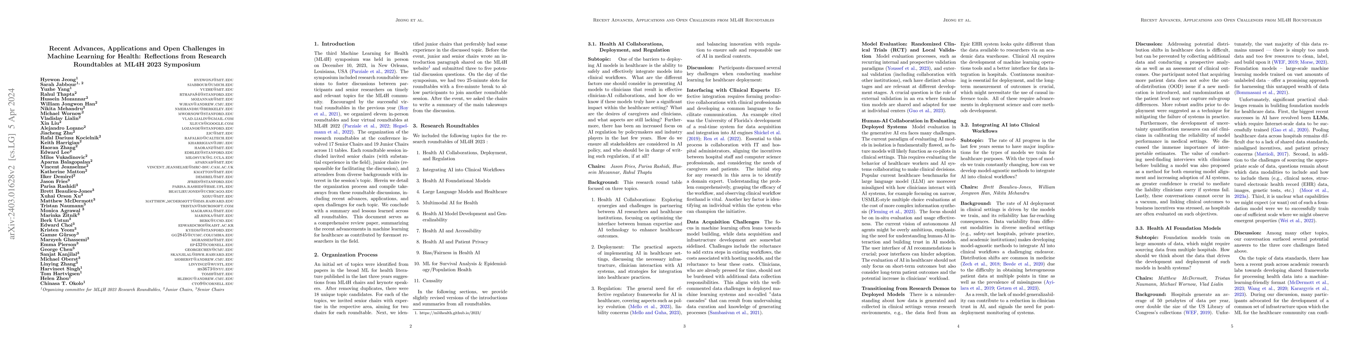 Thumbnail for Recent Advances, Applications, and Open Challenges in Machine Learning
  for Health: Reflections from Research Roundtables at ML4H 2023 Symposium