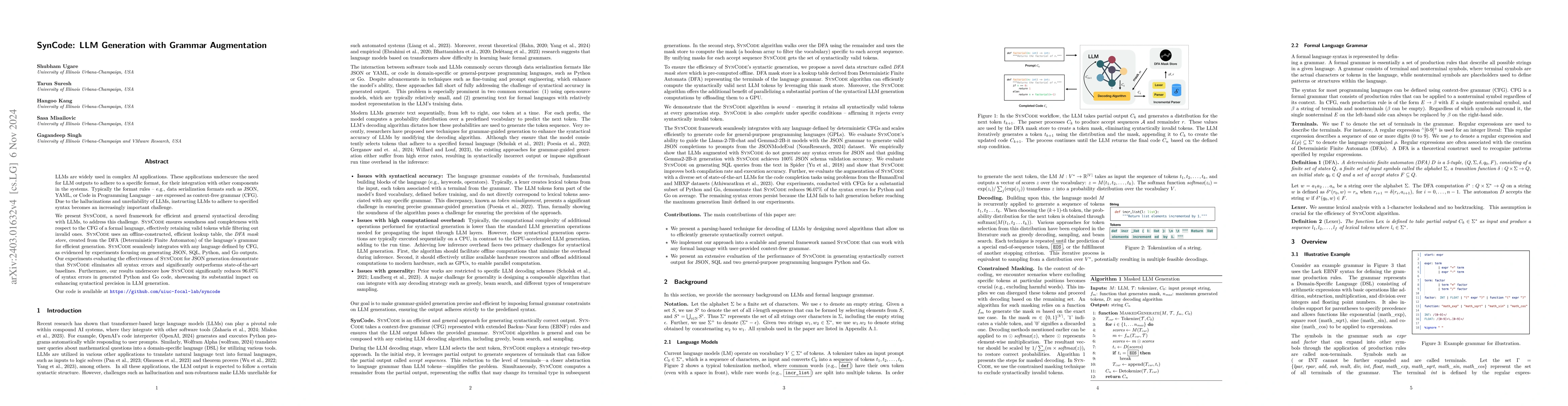 Thumbnail for SynCode: LLM Generation with Grammar Augmentation