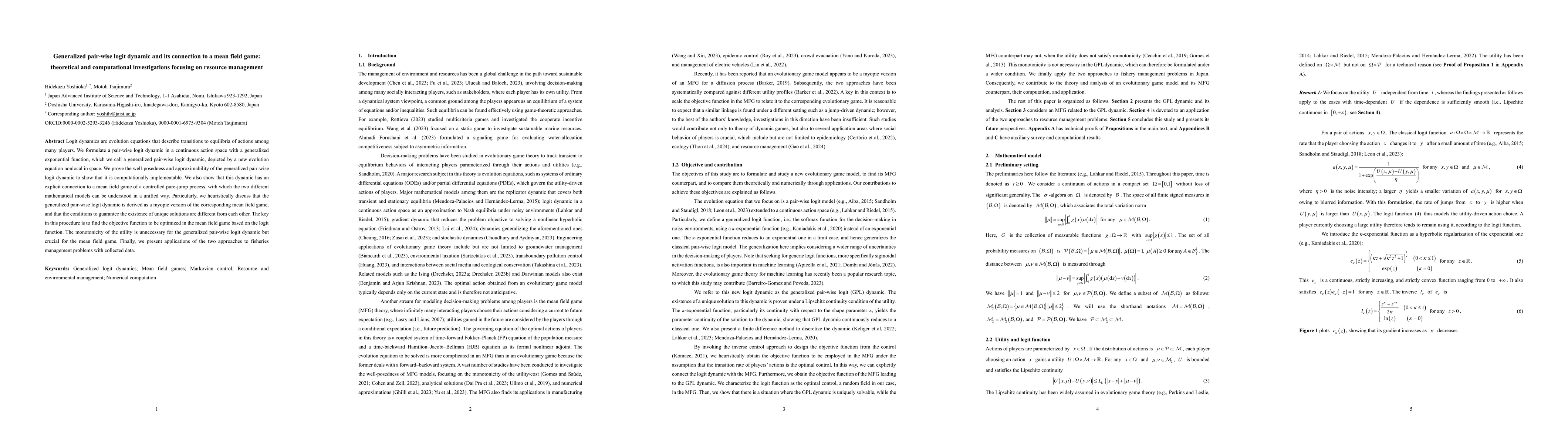 Thumbnail for Generalized pair-wise logit dynamic and its connection to a mean field
  game: theoretical and computational investigations focusing on resource
  management
