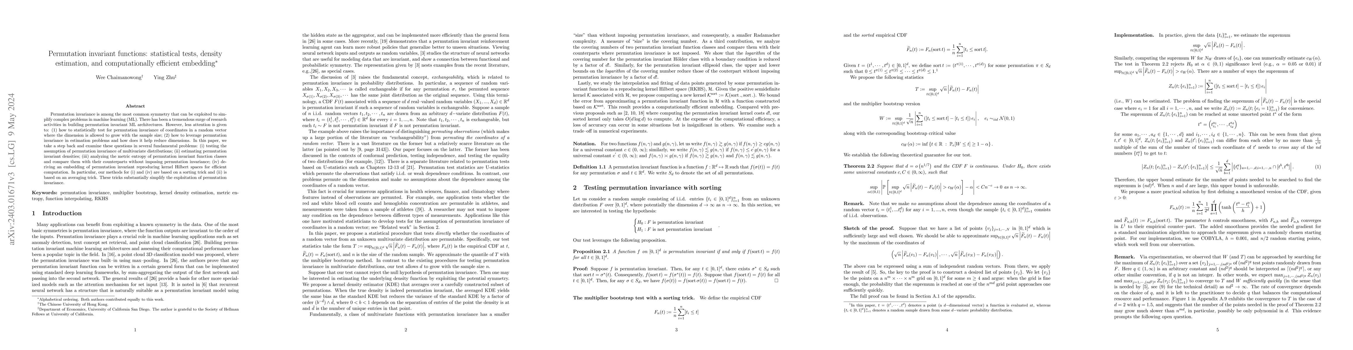 Thumbnail for Permutation invariant functions: statistical tests, density estimation,
  and computationally efficient embedding