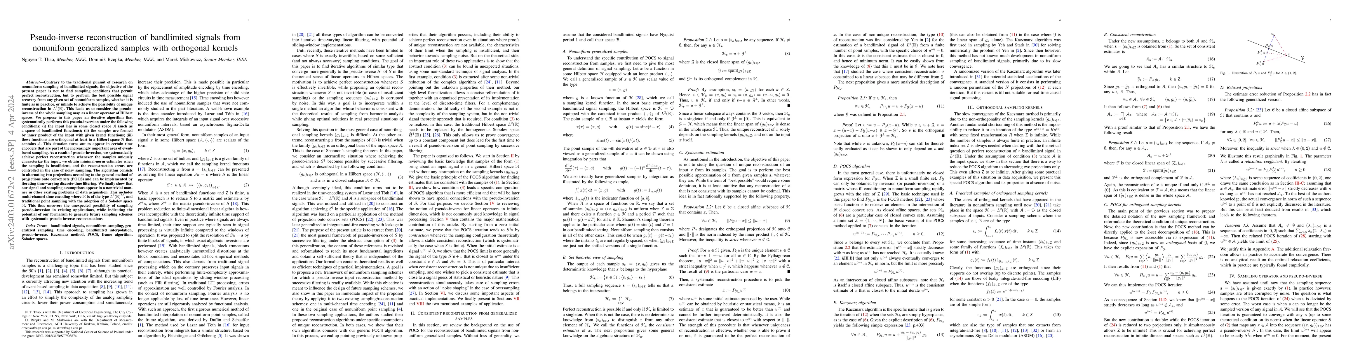 Thumbnail for Pseudo-inverse reconstruction of bandlimited signals from nonuniform
  generalized samples with orthogonal kernels