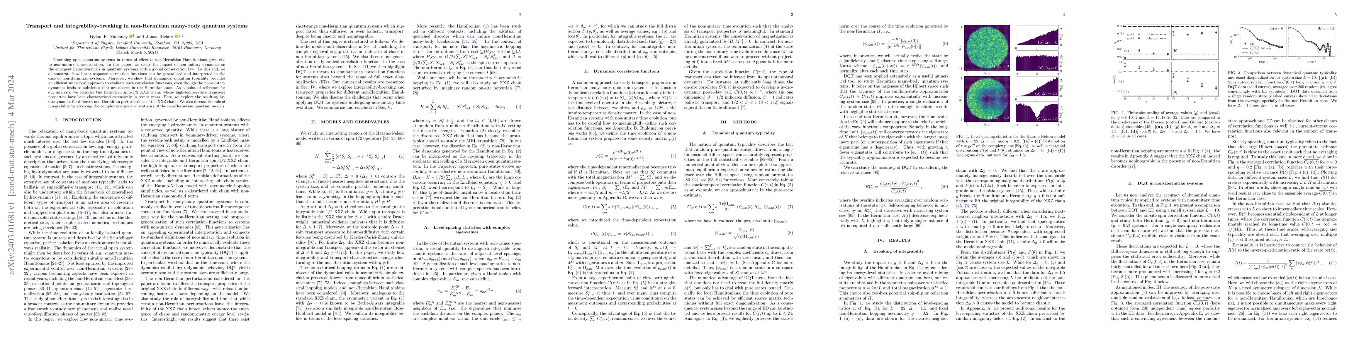 Thumbnail for Transport and integrability-breaking in non-Hermitian many-body quantum
  systems