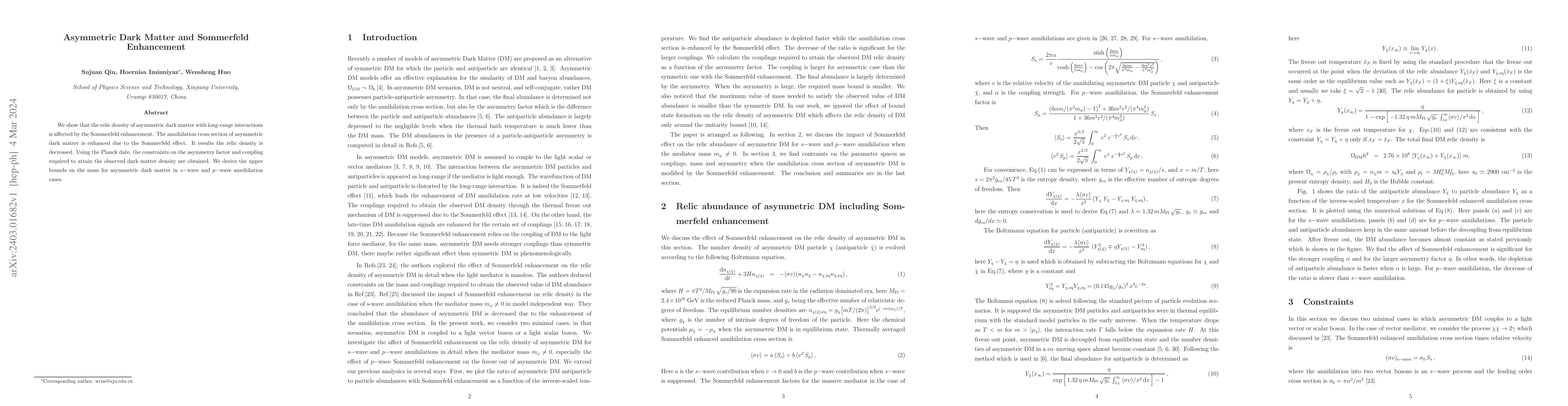Thumbnail for Asymmetric Dark Matter and Sommerfeld Enhancement