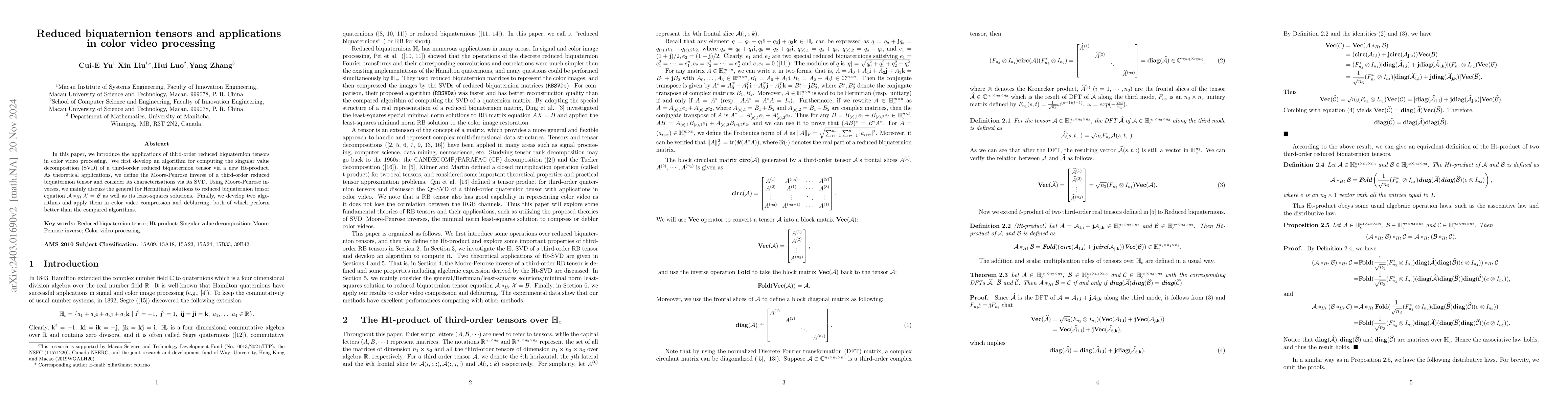 Thumbnail for Singular value decompositions of third-order reduced biquaternion
  tensors
