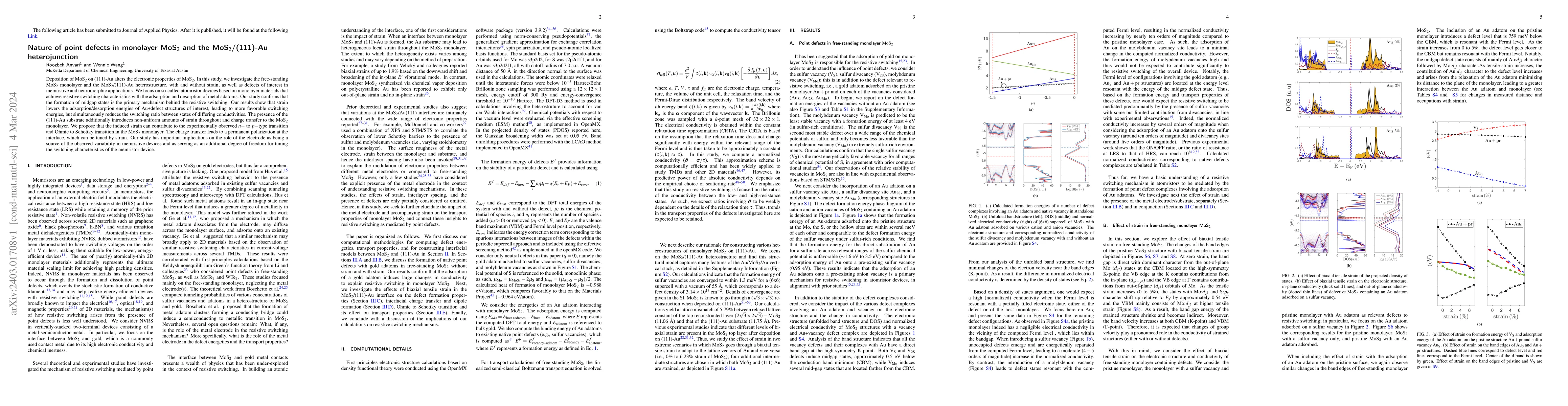 Thumbnail for Nature of point defects in monolayer MoS2 and the MoS2/(111)Au
  heterojunction