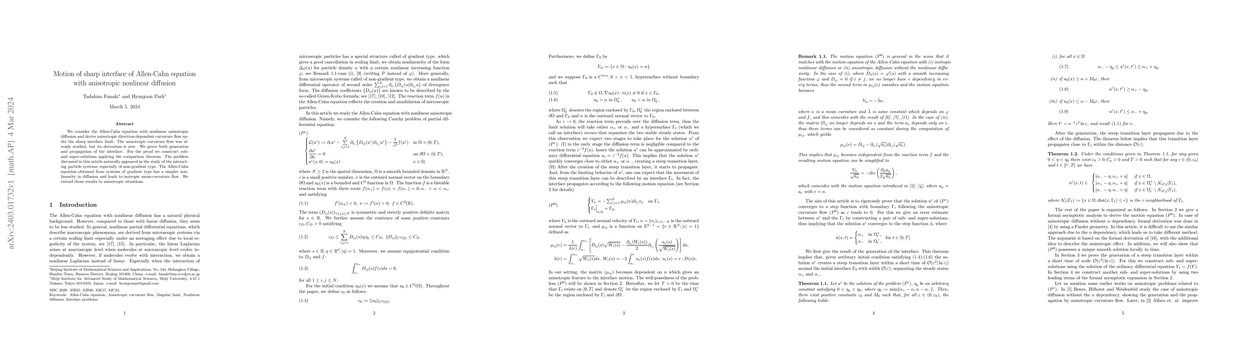 Thumbnail for Motion of sharp interface of Allen-Cahn equation with anisotropic
  nonlinear diffusion