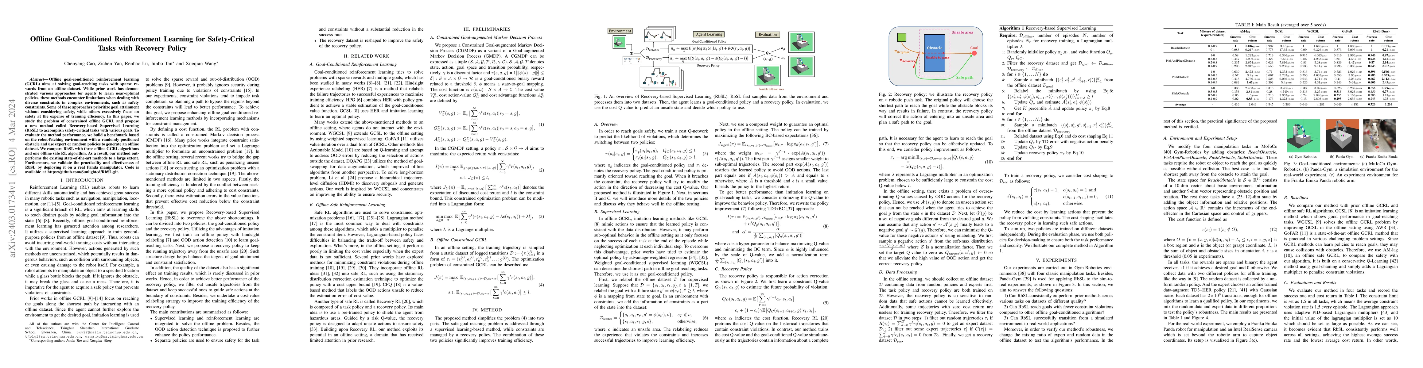 Thumbnail for Offline Goal-Conditioned Reinforcement Learning for Safety-Critical
  Tasks with Recovery Policy