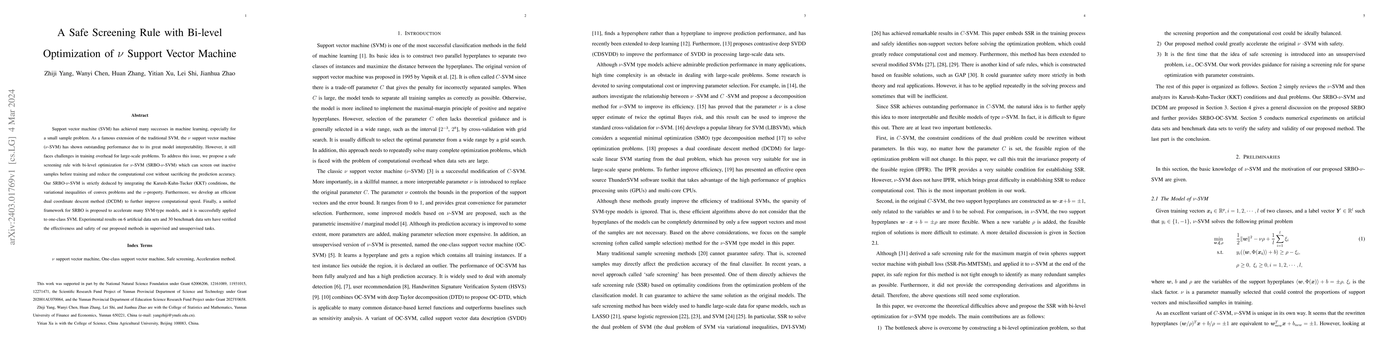 Thumbnail for A Safe Screening Rule with Bi-level Optimization of $\nu$ Support Vector
  Machine