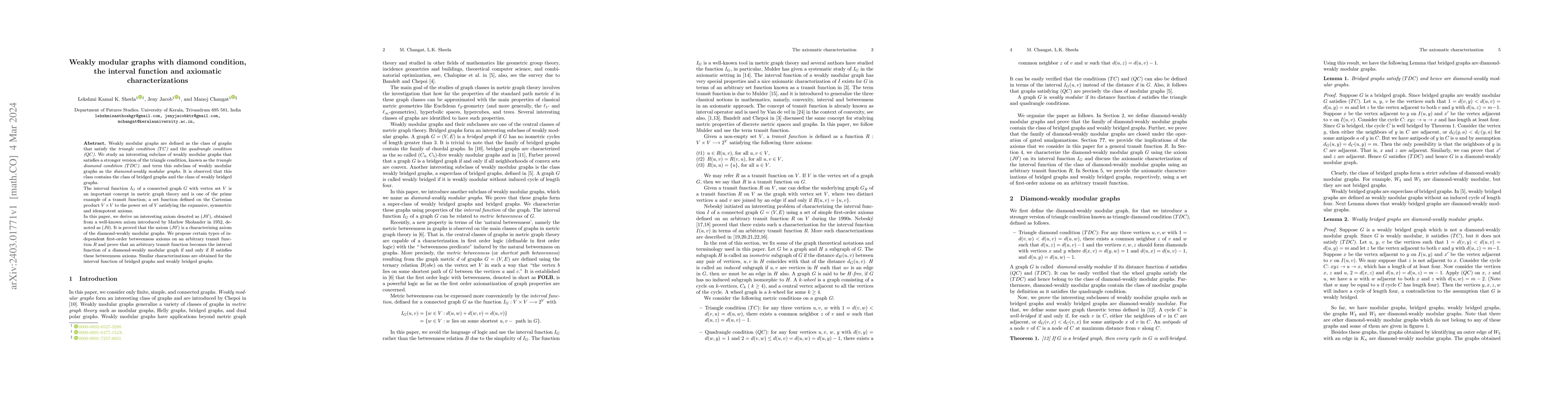 Thumbnail for Weakly modular graphs with diamond condition, the interval function and
  axiomatic characterizations
