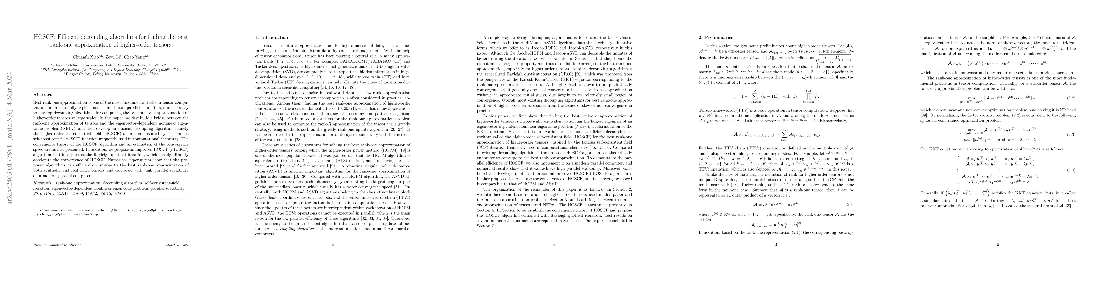 Thumbnail for HOSCF: Efficient decoupling algorithms for finding the best rank-one
  approximation of higher-order tensors