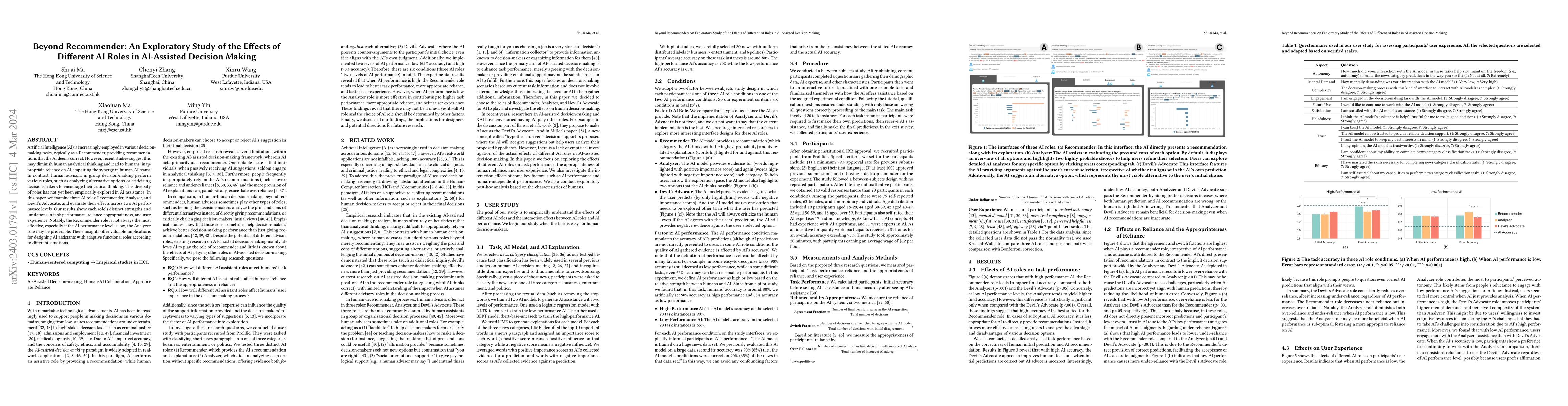 Thumbnail for Beyond Recommender: An Exploratory Study of the Effects of Different AI
  Roles in AI-Assisted Decision Making