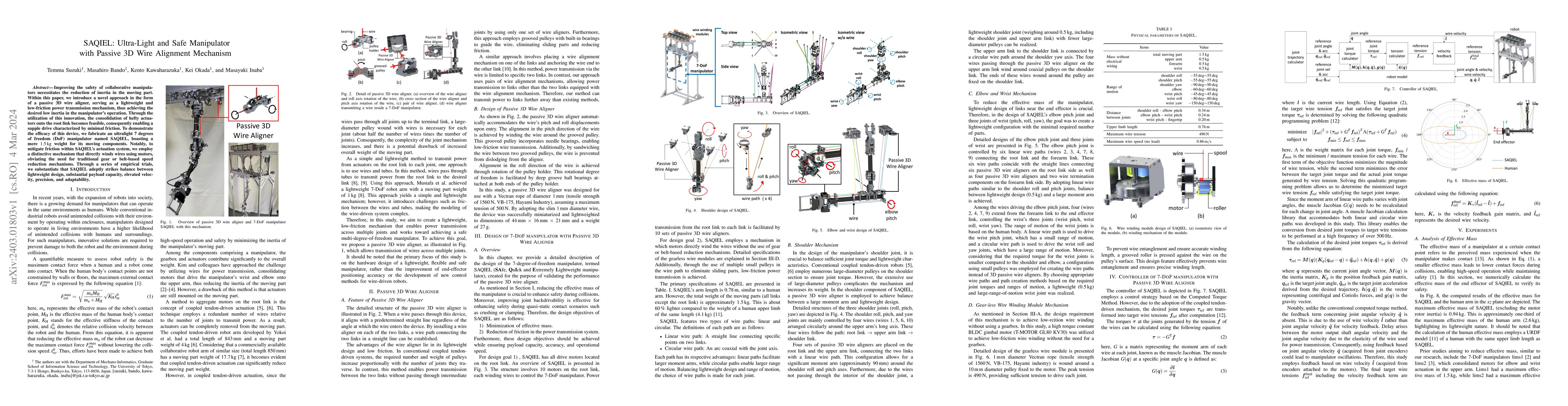 Thumbnail for SAQIEL: Ultra-Light and Safe Manipulator with Passive 3D Wire Alignment
  Mechanism