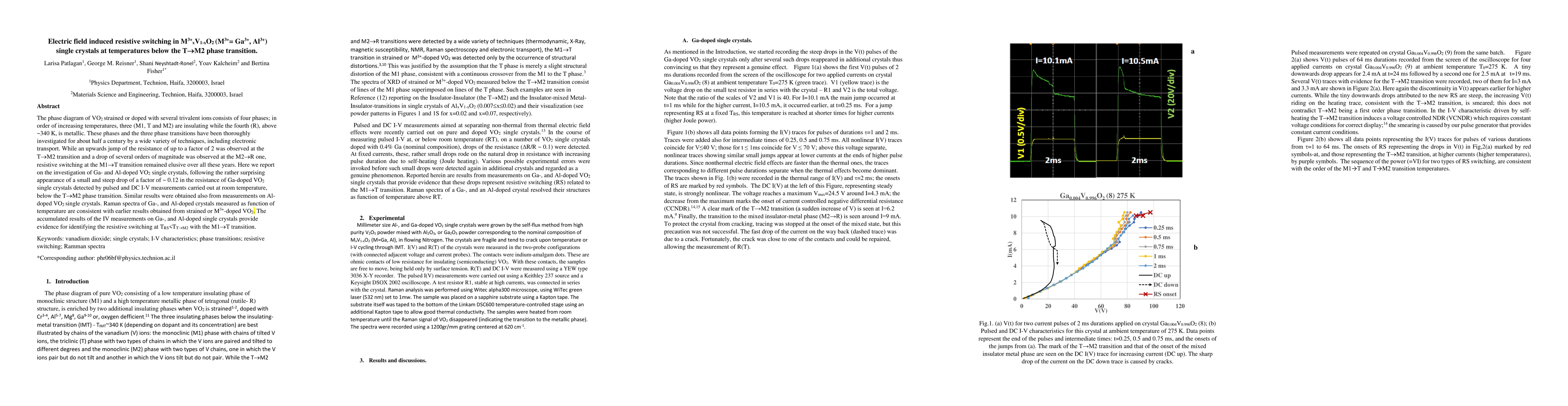 Thumbnail for Electric field induced resistive switching in M$^{3+}_x$V$_{1-x}$O$_2$
  (M$^{3+}$= Ga$^{3+}$, Al$^{3+}$) single crystals at temperatures below the T
  $\to$ M2 phase transition