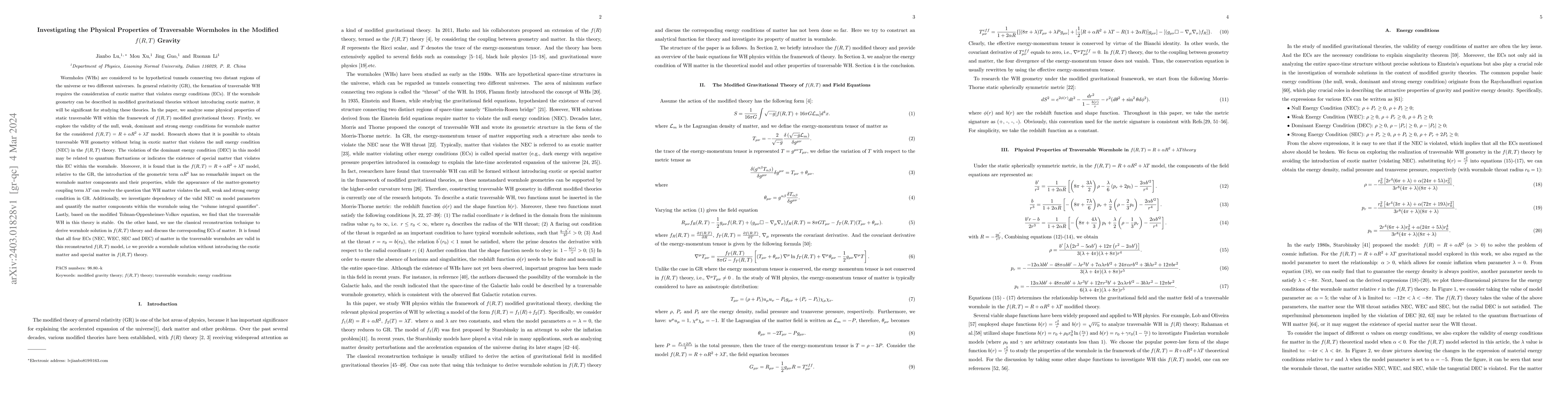 Thumbnail for Investigating the Physical Properties of Traversable Wormholes in the
  Modified $f(R,T)$ Gravity