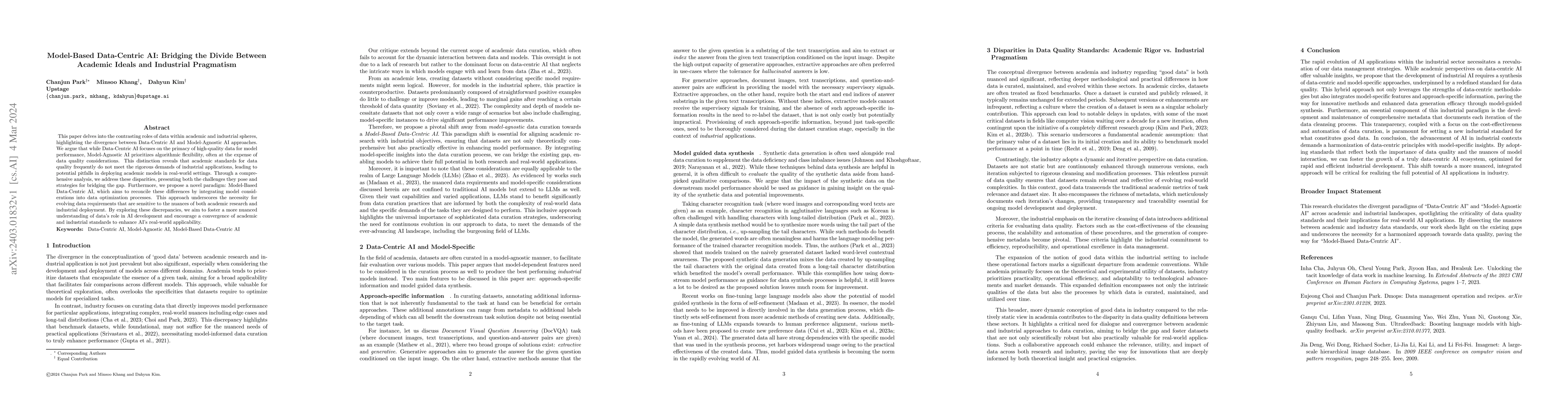 Thumbnail for Model-Based Data-Centric AI: Bridging the Divide Between Academic Ideals
  and Industrial Pragmatism
