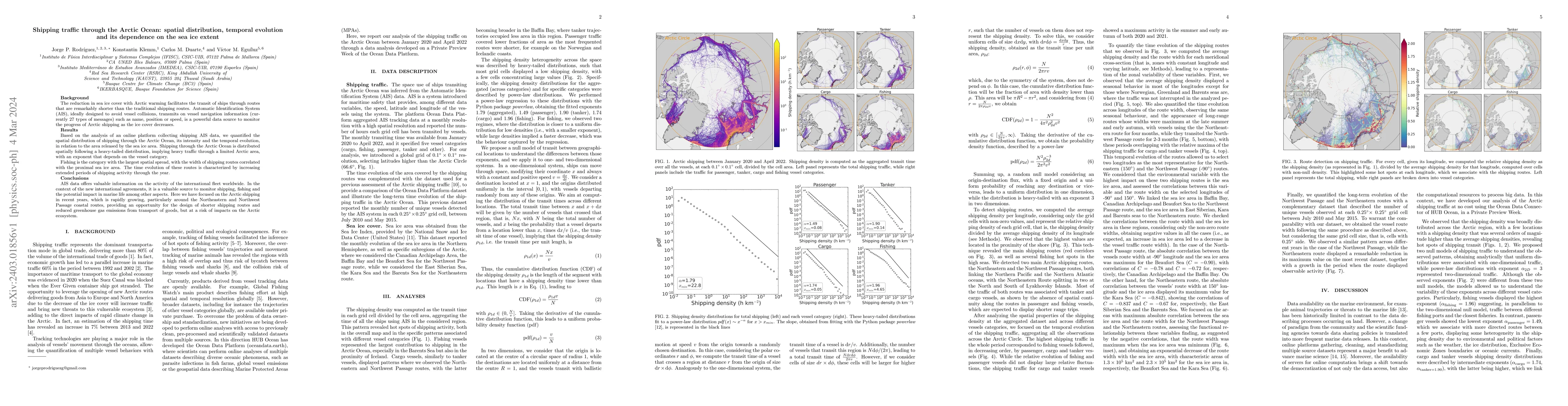 Thumbnail for Shipping traffic through the Arctic Ocean: spatial distribution,
  temporal evolution and its dependence on the sea ice extent