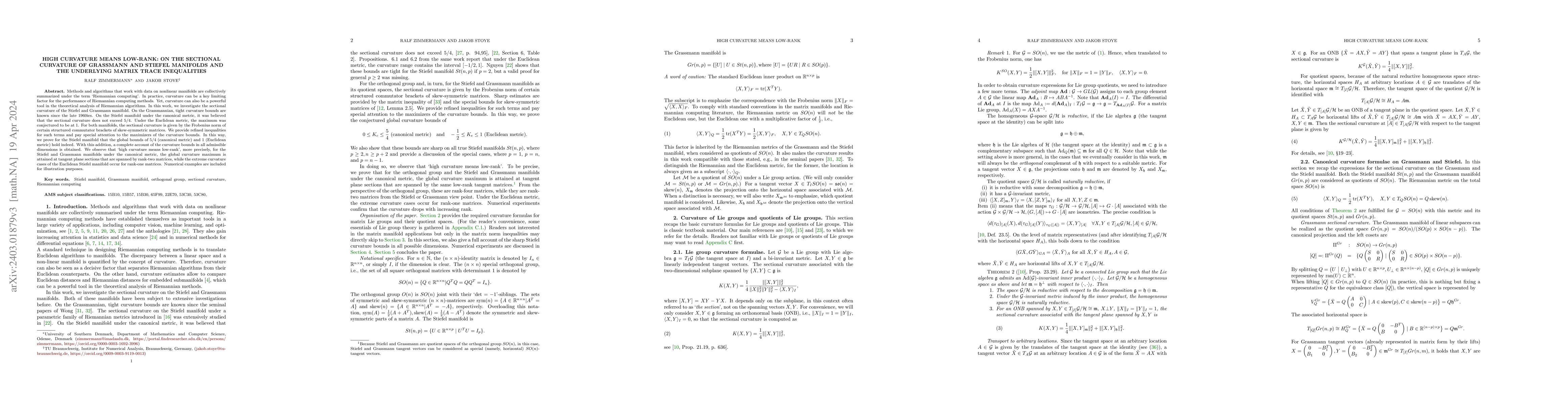 Thumbnail for High curvature means low-rank: On the sectional curvature of Grassmann
  and Stiefel manifolds and the underlying matrix trace inequalities