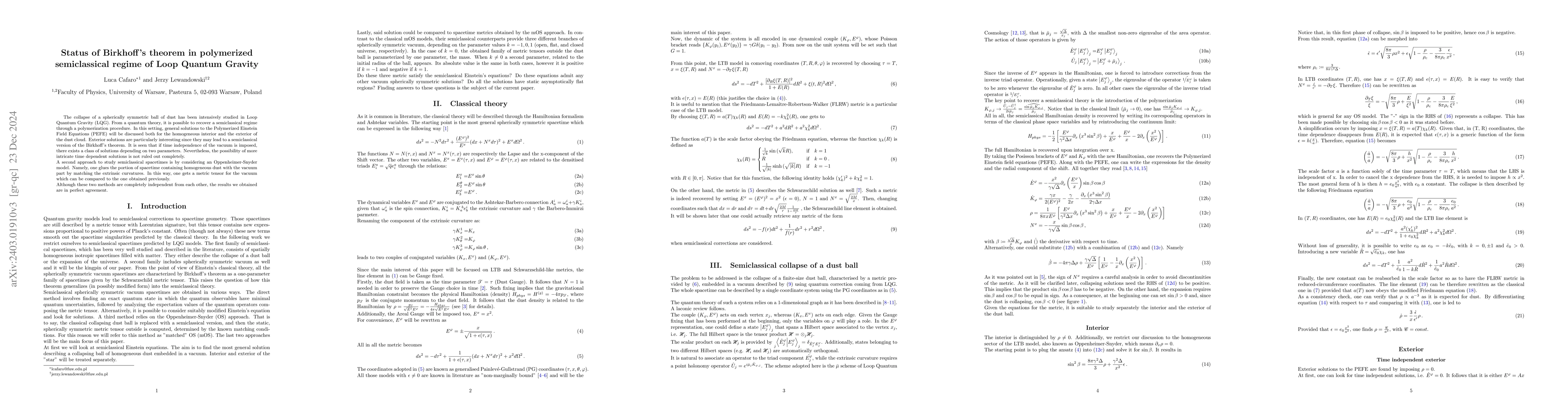 Thumbnail for Status of Birkhoff's theorem in polymerized semiclassical regime of Loop
  Quantum Gravity