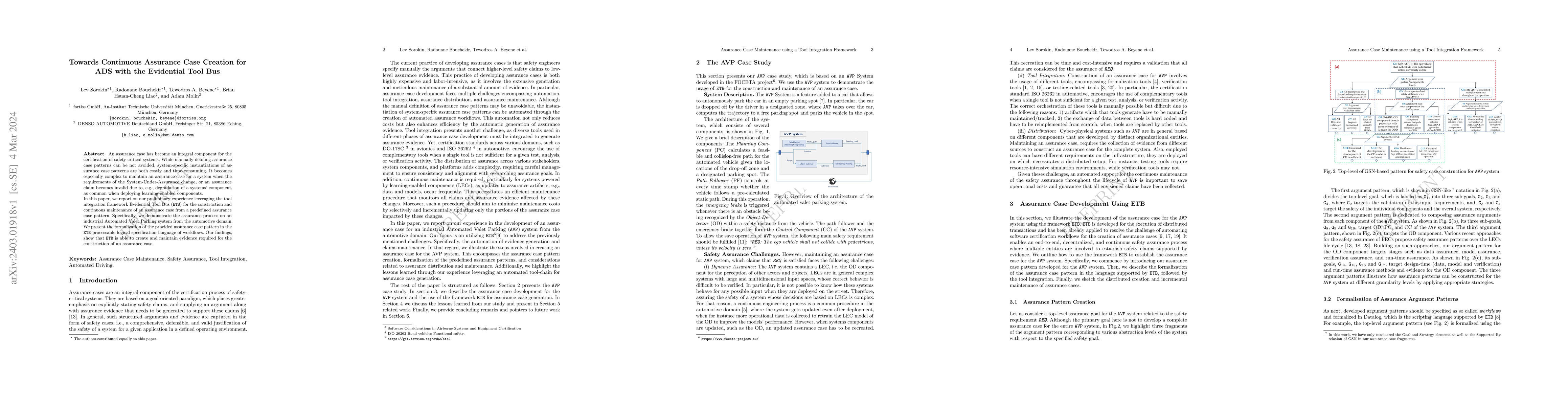Thumbnail for Towards Continuous Assurance Case Creation for ADS with the Evidential
  Tool Bus