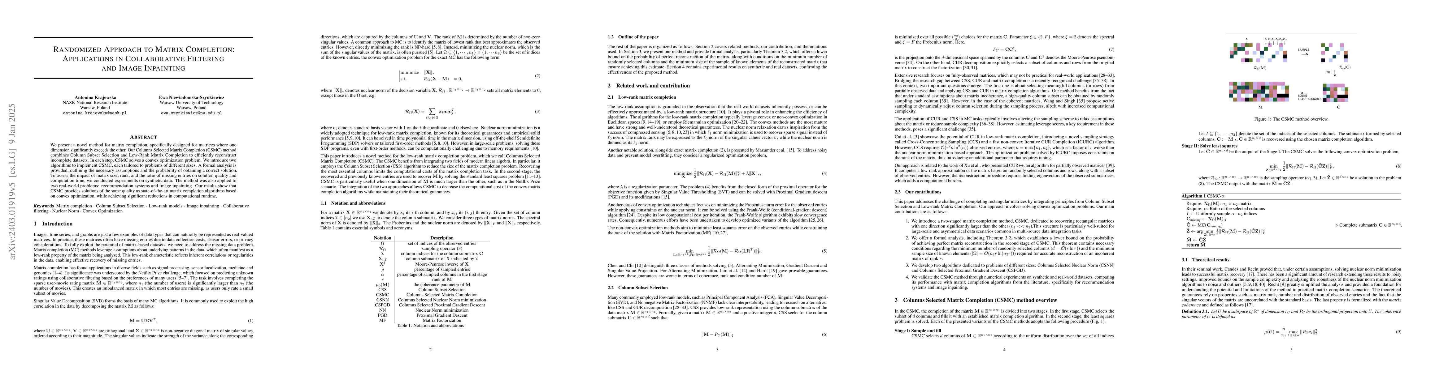 Thumbnail for Matrix Completion with Convex Optimization and Column Subset Selection