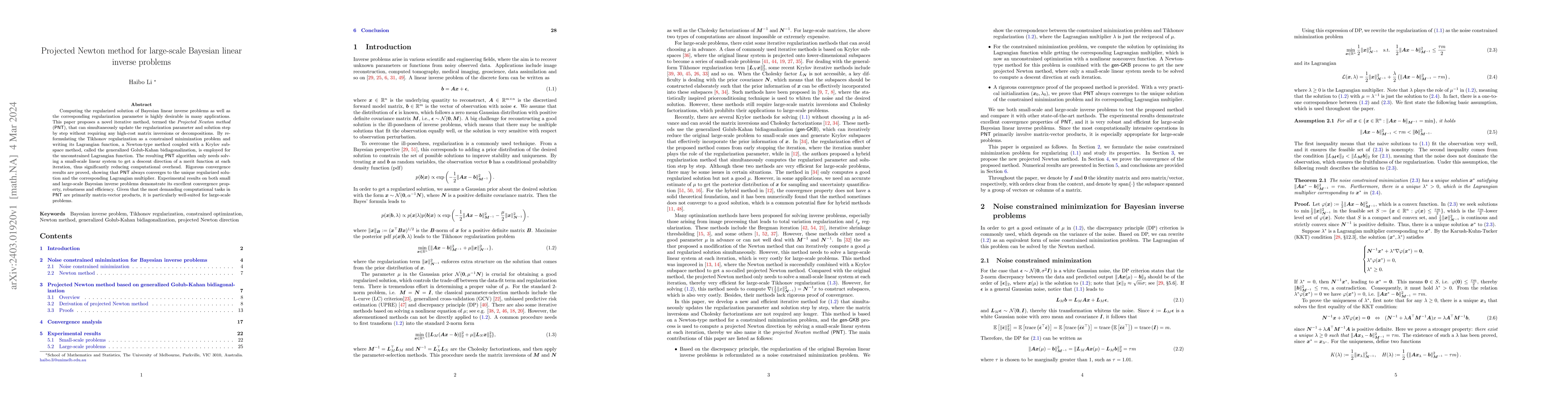 Thumbnail for Projected Newton method for large-scale Bayesian linear inverse problems
