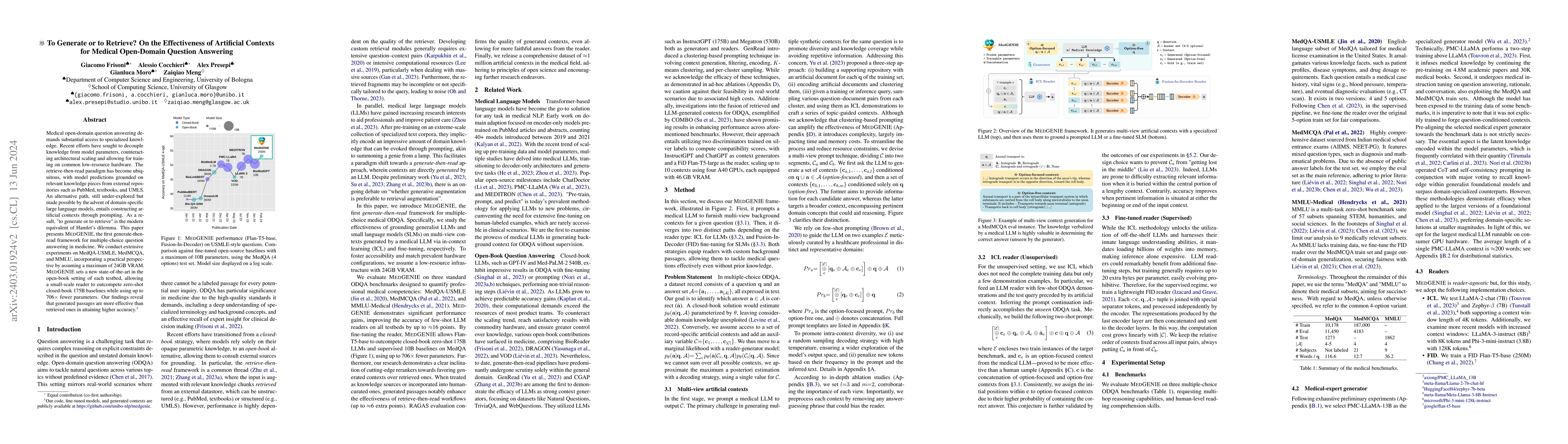 Thumbnail for To Generate or to Retrieve? On the Effectiveness of Artificial Contexts
  for Medical Open-Domain Question Answering