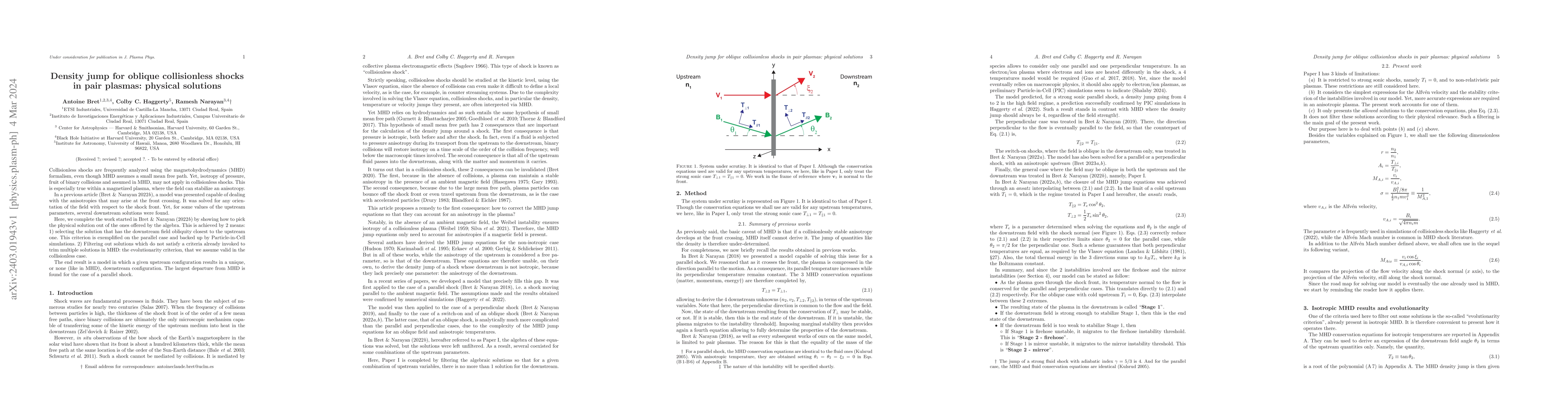 Thumbnail for Density jump for oblique collisionless shocks in pair plasmas: physical
  solutions