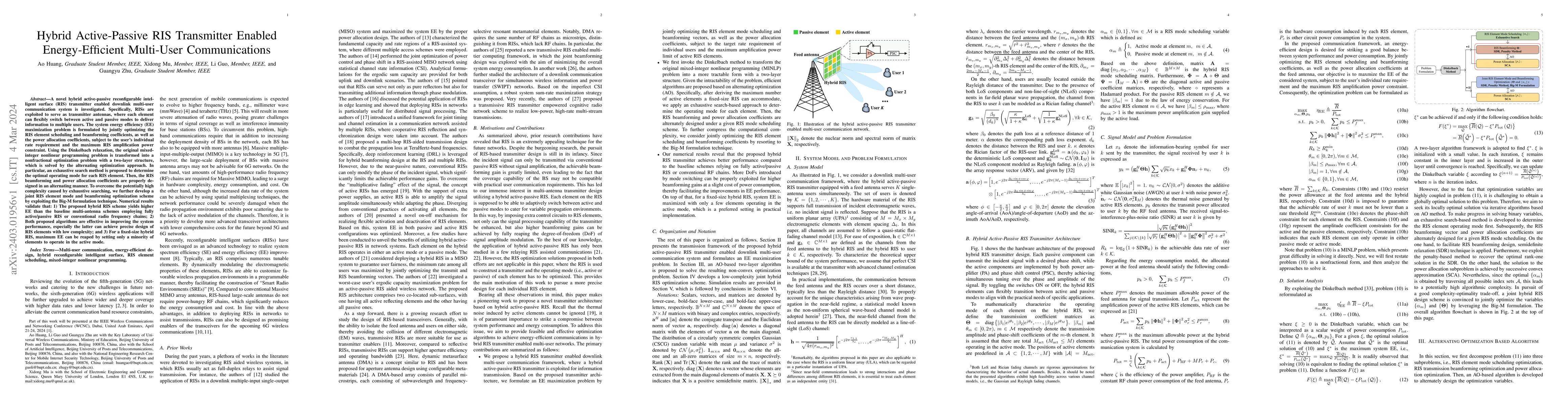 Thumbnail for Hybrid Active-Passive RIS Transmitter Enabled Energy-Efficient
  Multi-User Communications