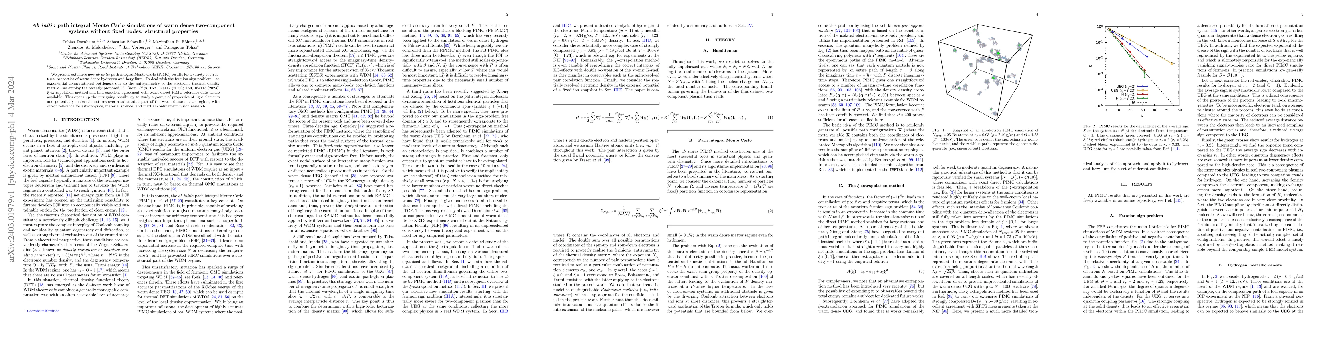 Thumbnail for Ab initio path integral Monte Carlo simulations of warm dense
  two-component systems without fixed nodes: structural properties