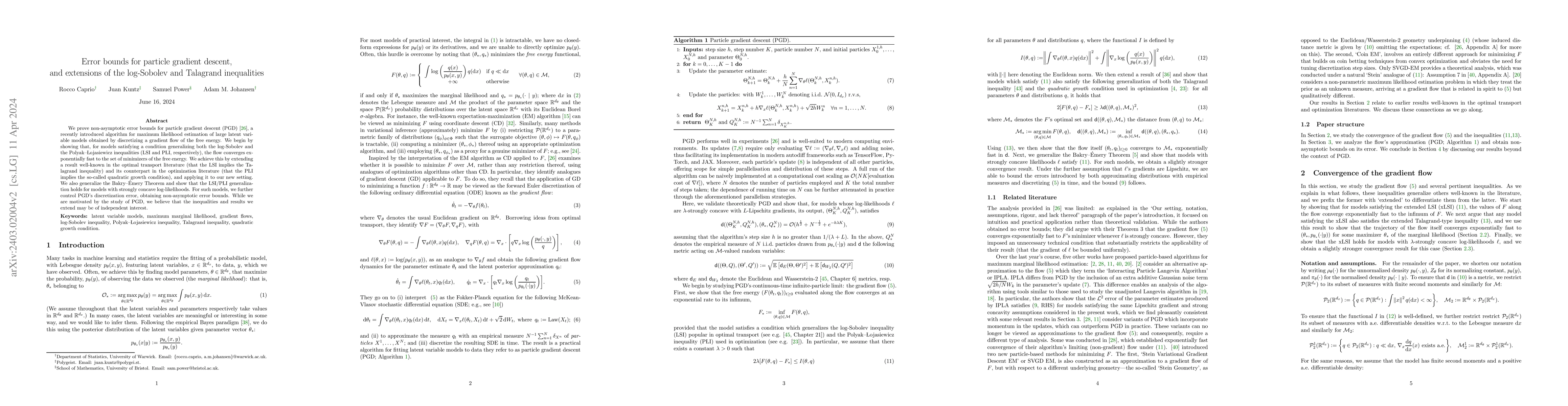 Thumbnail for Error bounds for particle gradient descent, and extensions of the
  log-Sobolev and Talagrand inequalities