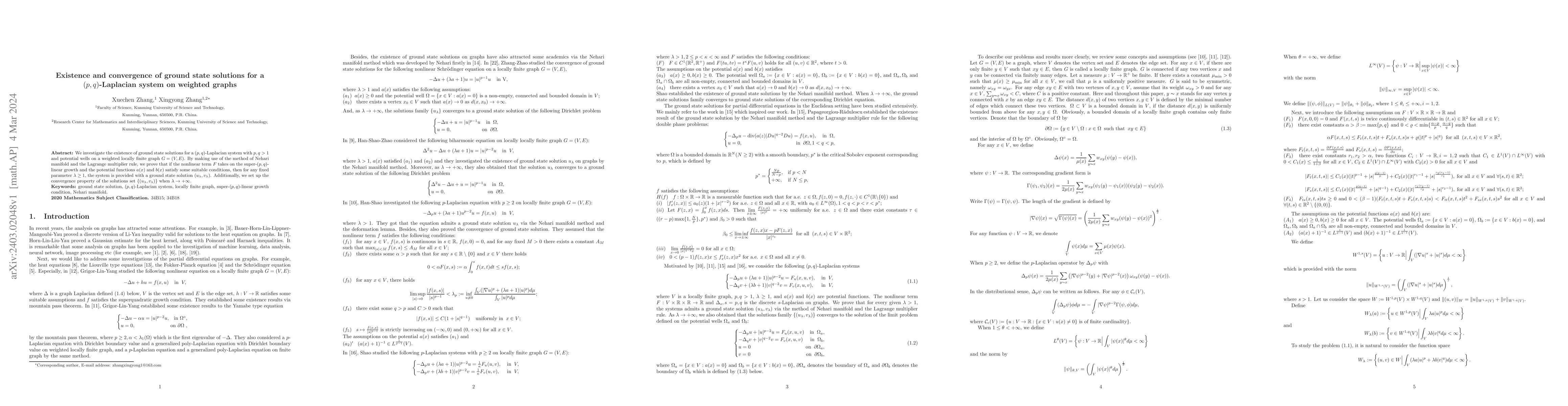 Thumbnail for Existence and convergence of ground state solutions for a
  $(p,q)$-Laplacian system on weighted graphs
