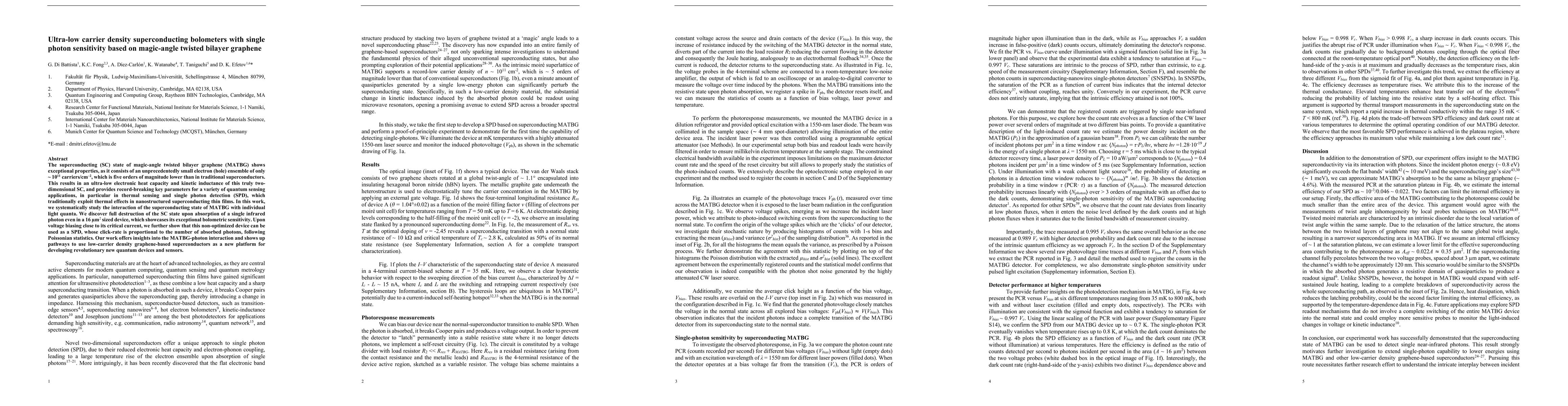 Thumbnail for Ultra-low carrier density superconducting bolometers with single photon
  sensitivity based on magic-angle twisted bilayer graphene