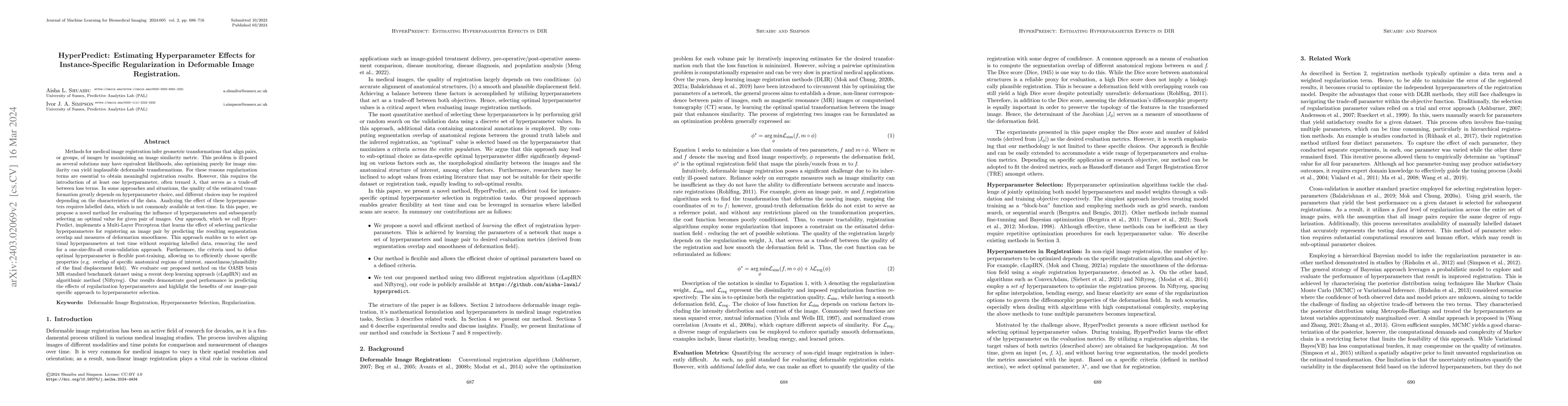 Thumbnail for HyperPredict: Estimating Hyperparameter Effects for Instance-Specific
  Regularization in Deformable Image Registration