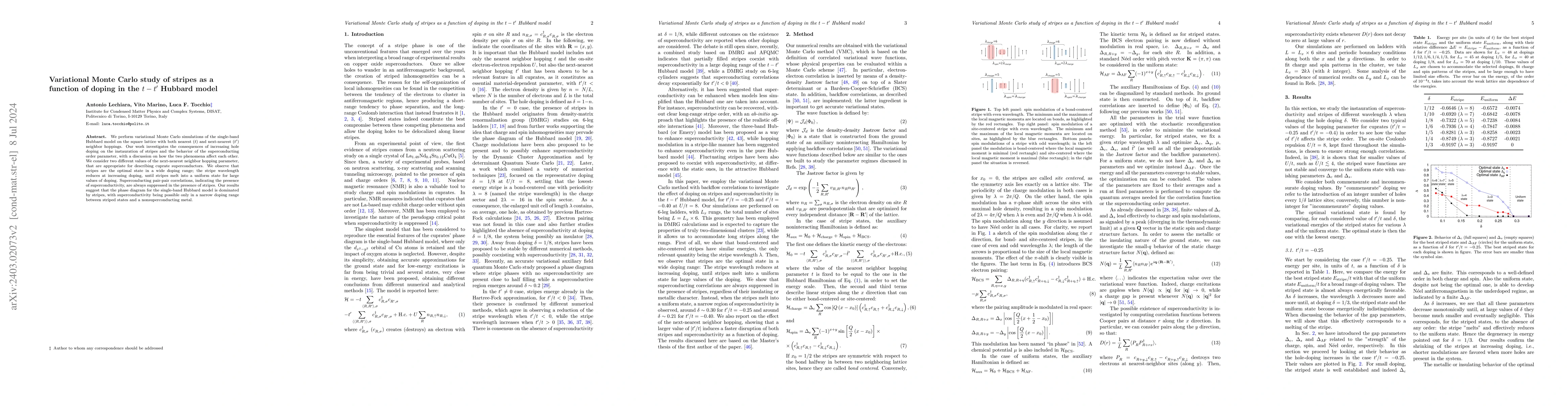 Thumbnail for Variational Monte Carlo study of stripes as a function of doping in the
  $t-t'$ Hubbard model