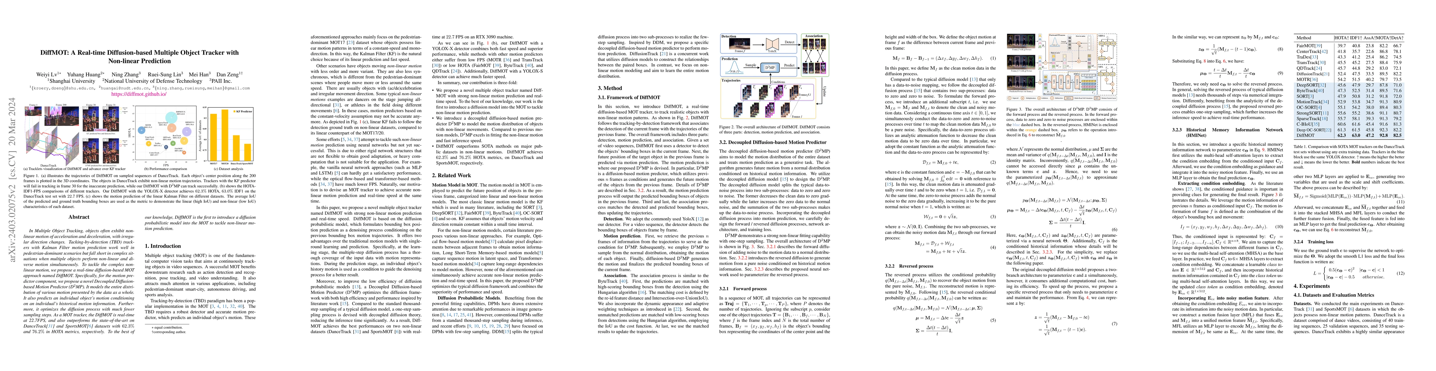 Thumbnail for DiffMOT: A Real-time Diffusion-based Multiple Object Tracker with
  Non-linear Prediction