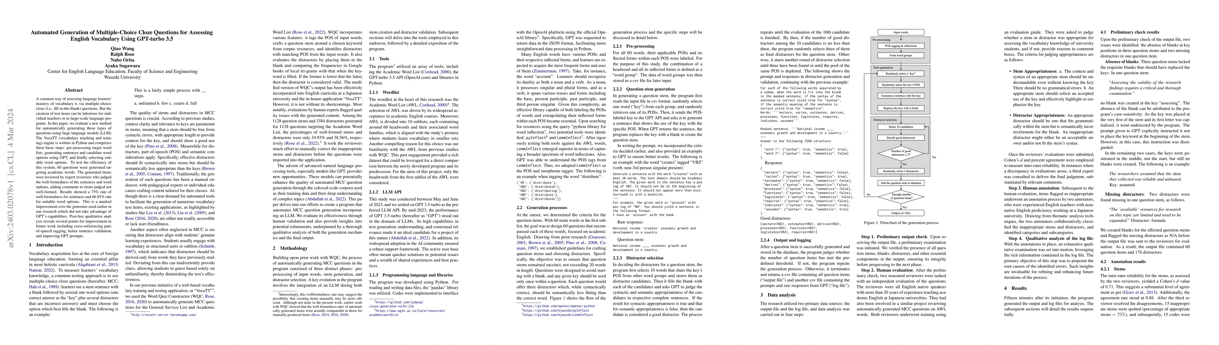 Thumbnail for Automated Generation of Multiple-Choice Cloze Questions for Assessing
  English Vocabulary Using GPT-turbo 3.5