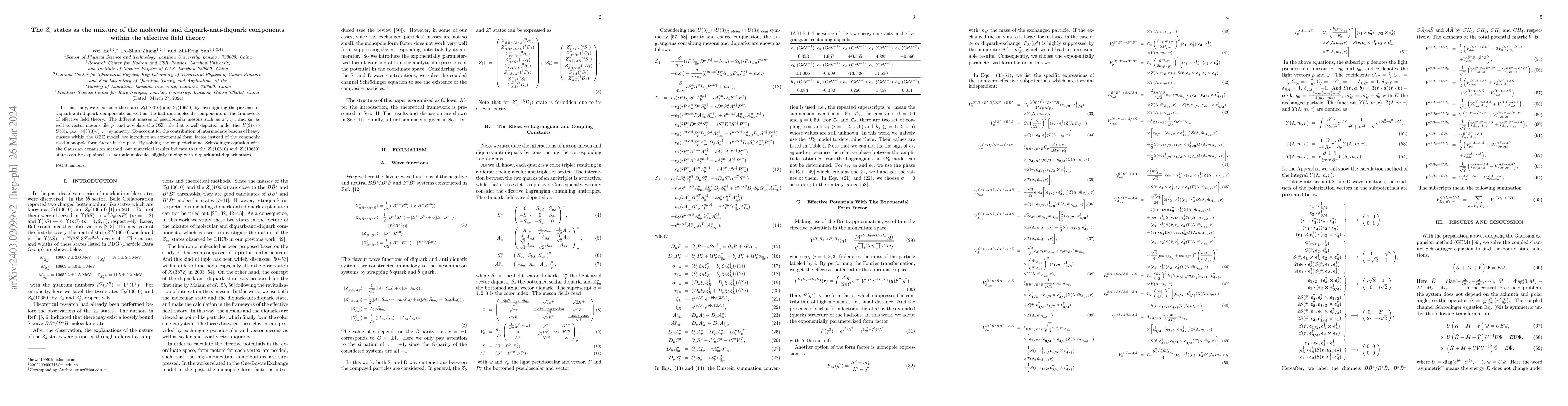 Thumbnail for The $Z_b$ states as the mixture of the molecular and
  diquark-anti-diquark components within the effective field theory