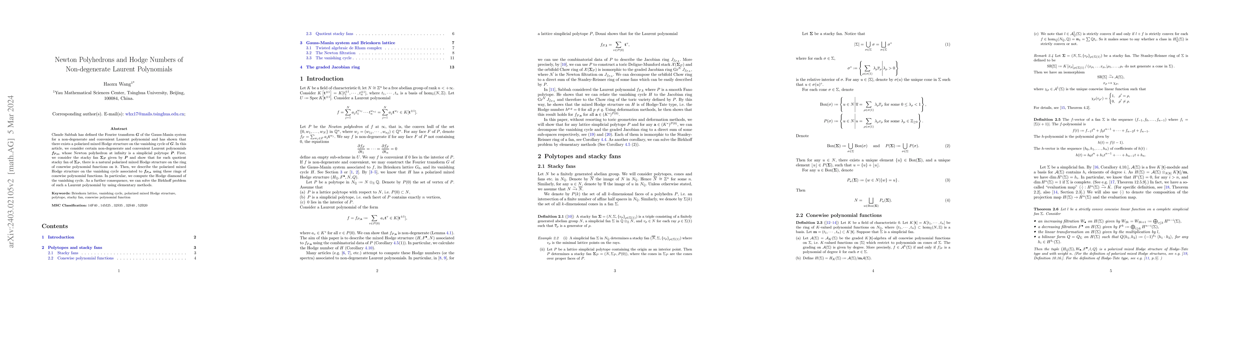 Thumbnail for Newton Polyhedrons and Hodge Numbers of Non-degenerate Laurent
  Polynomials