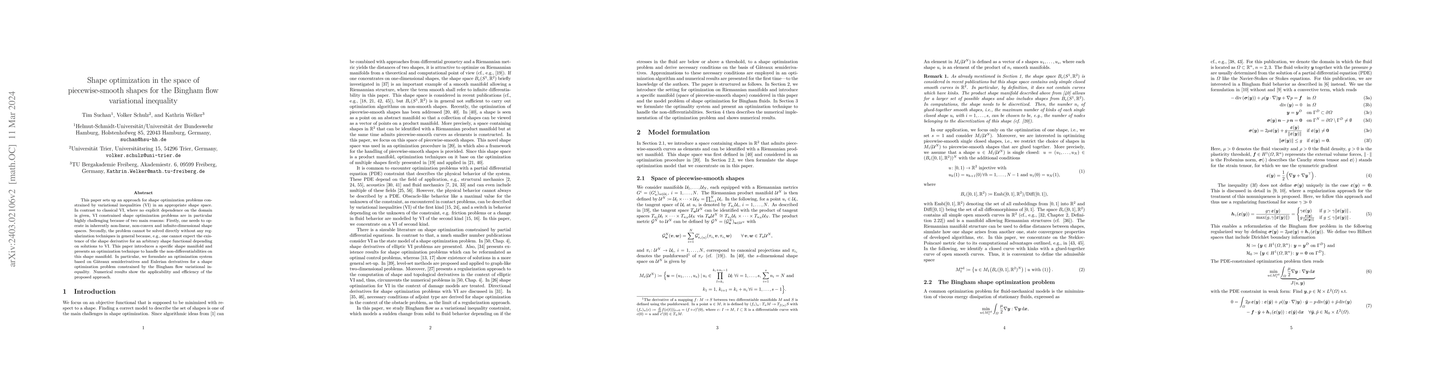 Thumbnail for Shape optimization in the space of piecewise-smooth shapes for the
  Bingham flow variational inequality