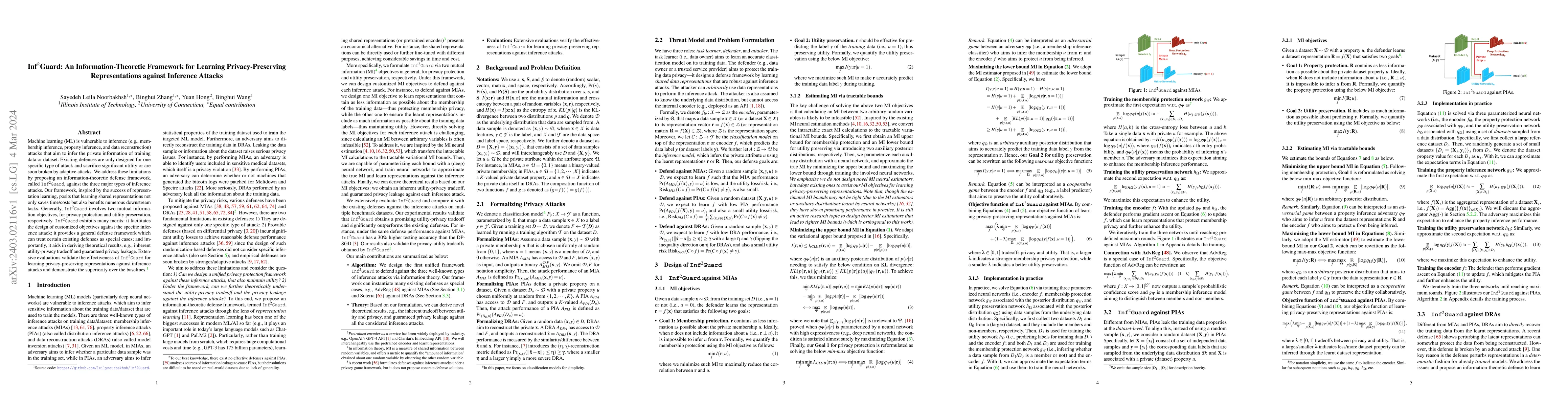 Thumbnail for Inf2Guard: An Information-Theoretic Framework for Learning
  Privacy-Preserving Representations against Inference Attacks