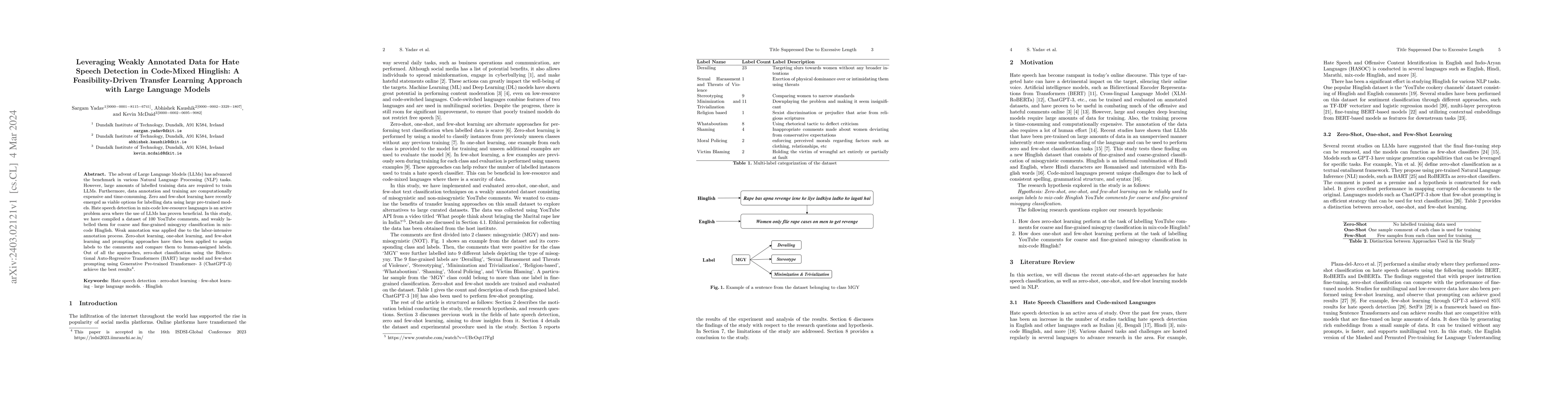 Thumbnail for Leveraging Weakly Annotated Data for Hate Speech Detection in Code-Mixed
  Hinglish: A Feasibility-Driven Transfer Learning Approach with Large Language
  Models